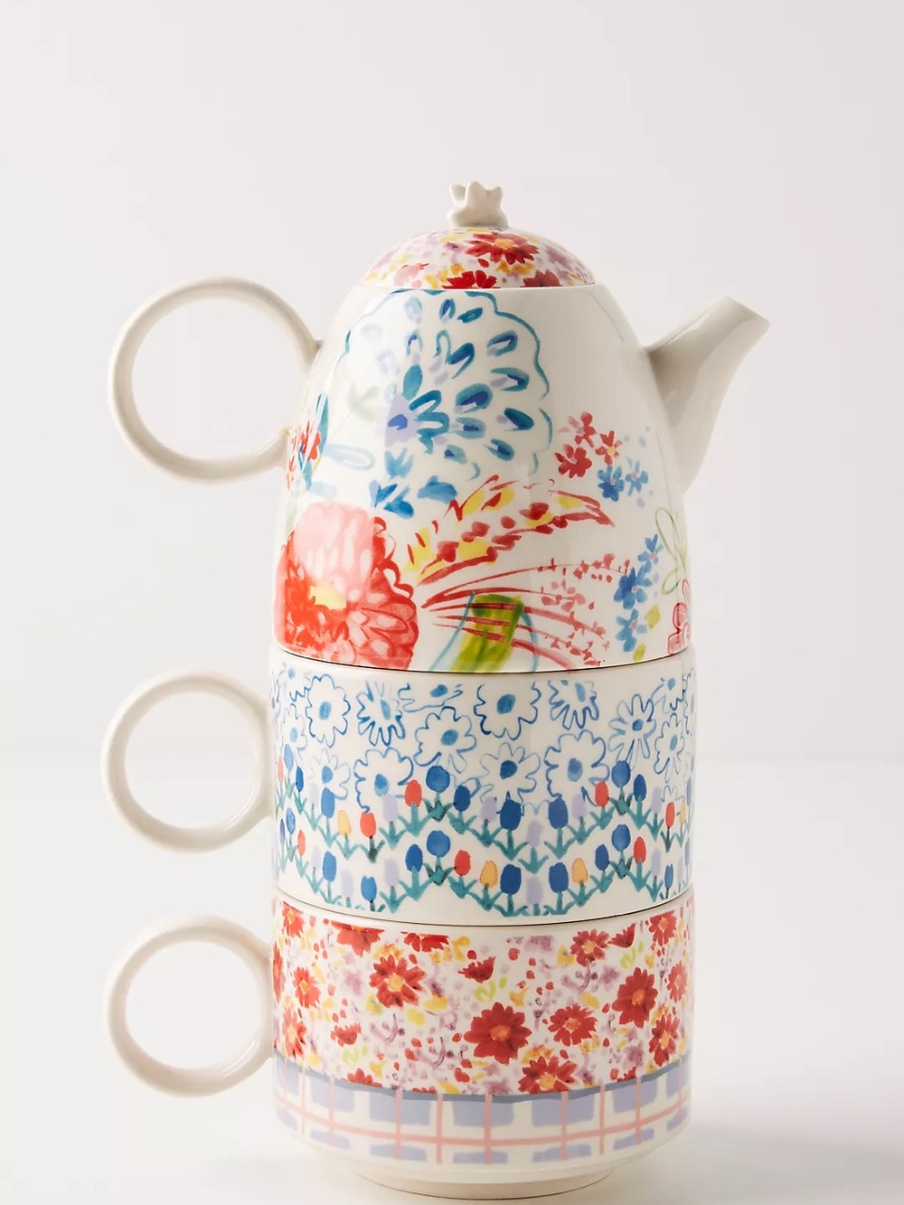 Anthropologie White Ceramic Stacked Tea Set with Multicolor Floral Motifs